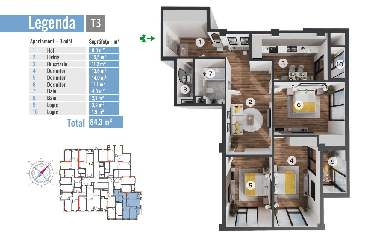 Apartament cu 3 camere